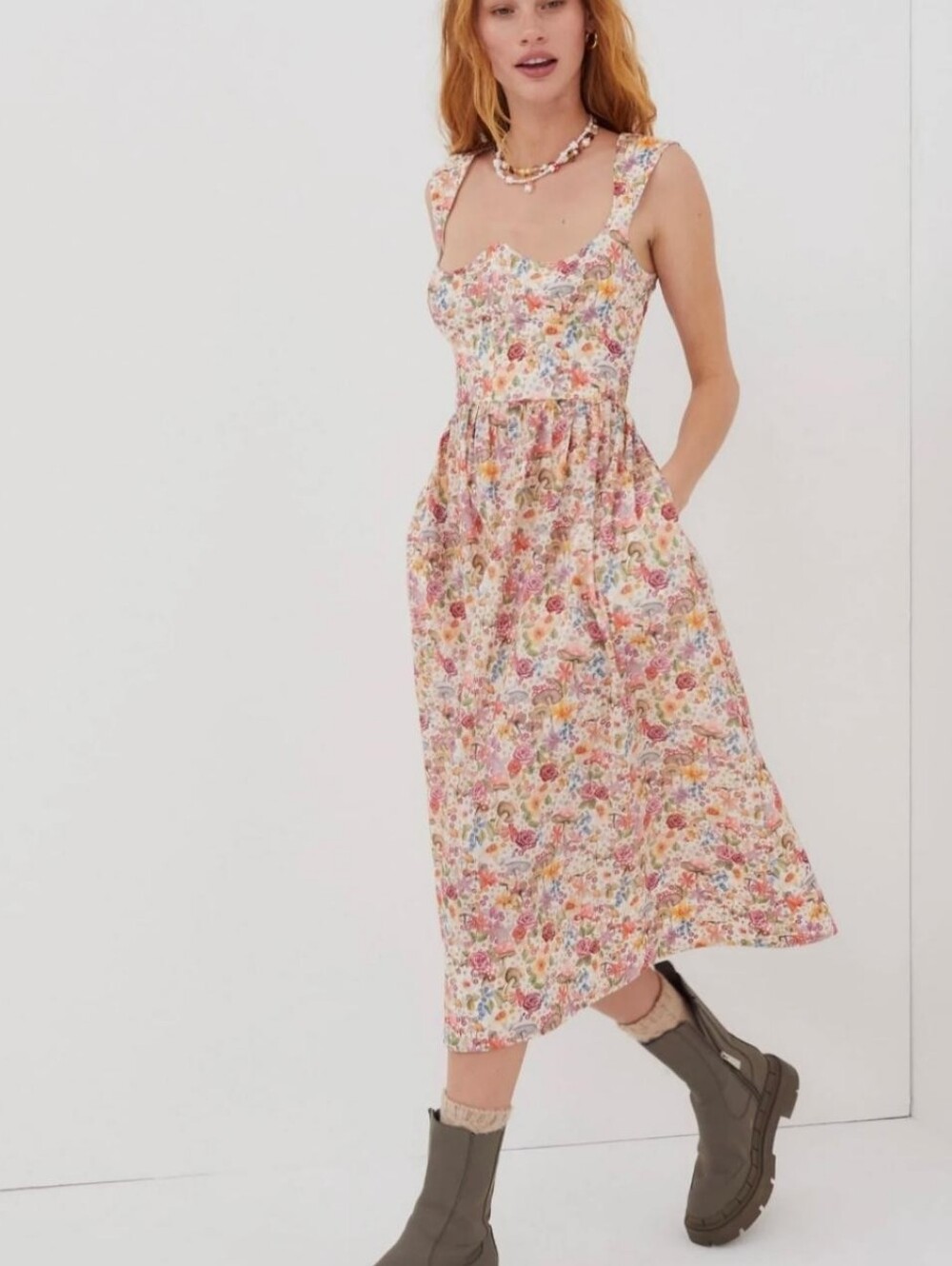 For Love & Lemons Theodora Mushroom Floral Midi Dress Size XS
